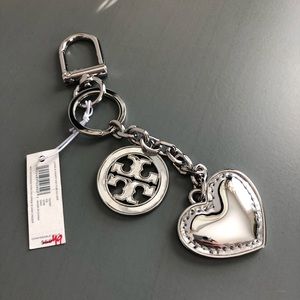 NWT Tory Burch Silver Logo & Heart Key Fob